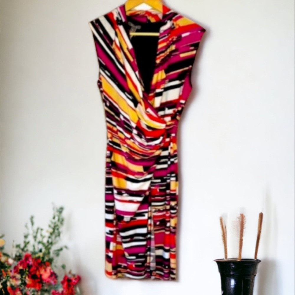 Muse Abstract Print V Neck Faux Wrap Ruched Dress - Picture 7 of 16